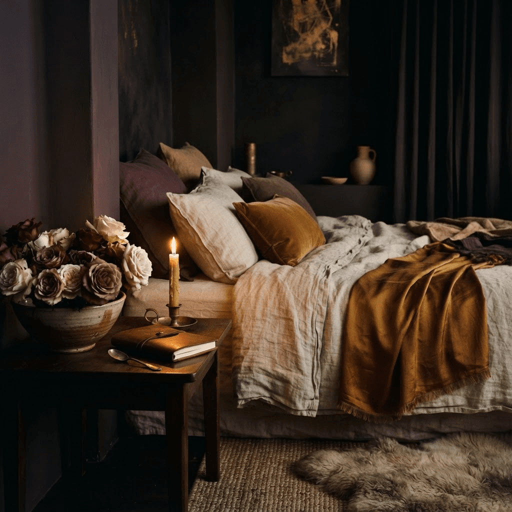 A tranquil candlelit resting space with soft linen, a single candle, and roses in a ceramic bowl.