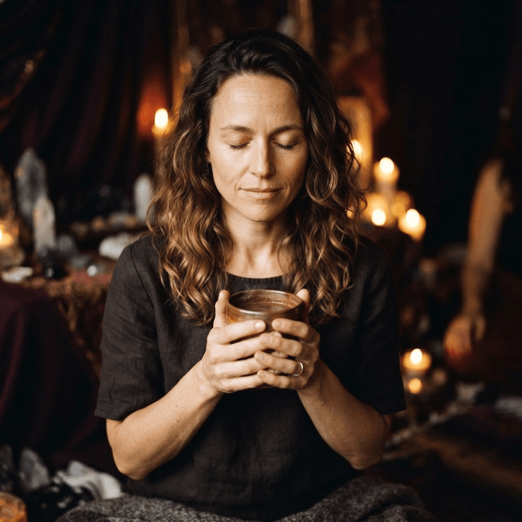 A woman holding a ceramic cup of ceremonial cacao to her chest with both hands, eyes softly closed.