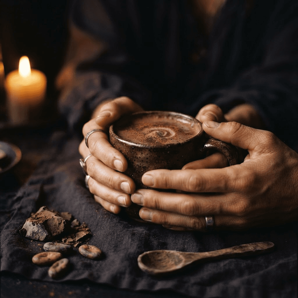Two hands cradling a ceramic cup of thick dark ceremonial cacao in warm candlelight.