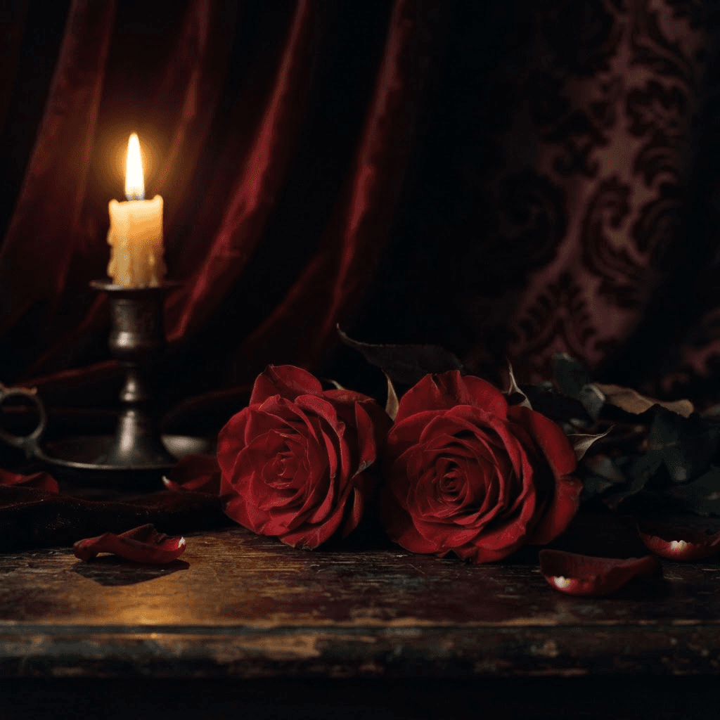 Two deep crimson roses resting close together in warm candlelight against dark burgundy velvet.