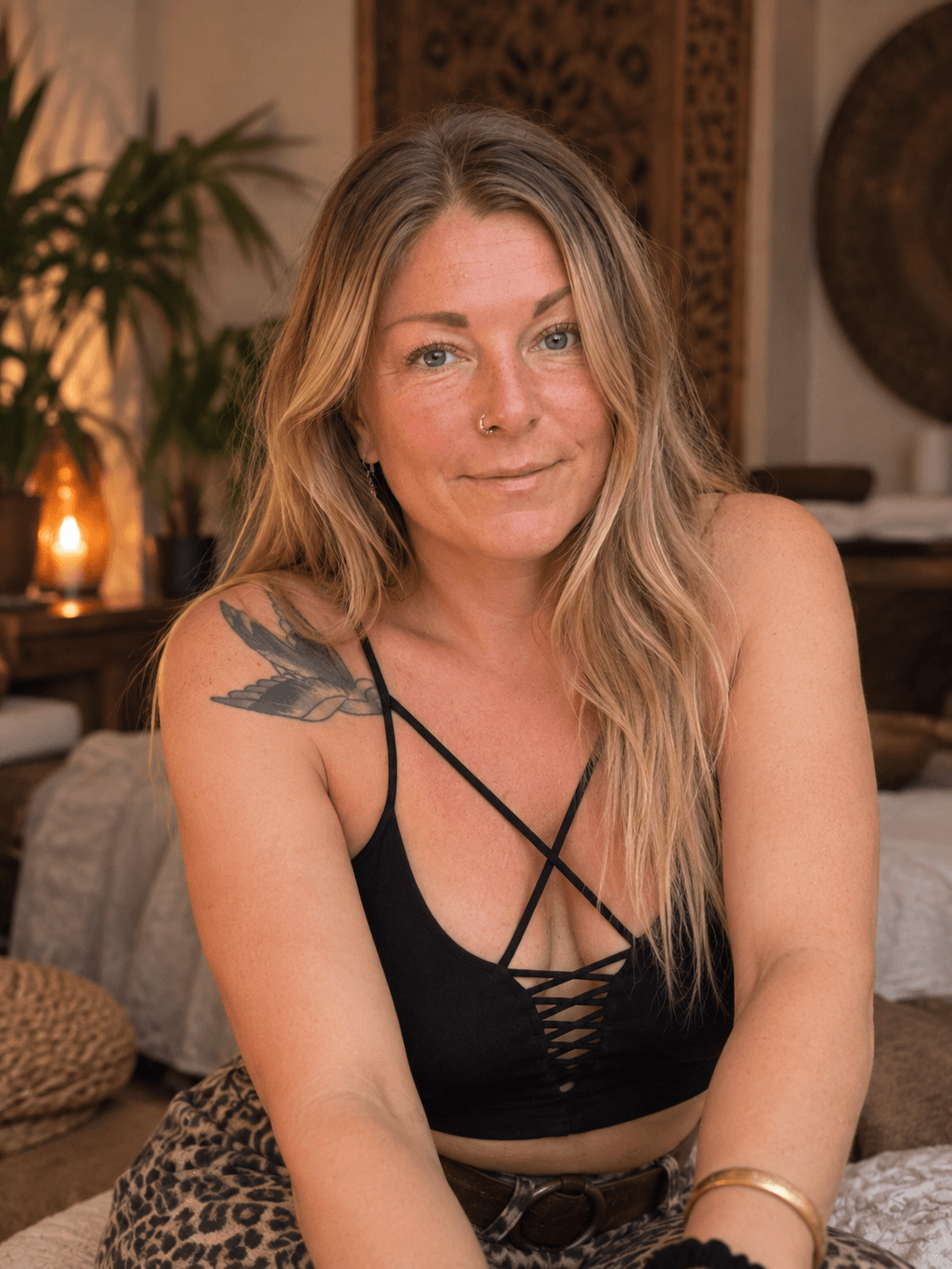 Portrait of Linn in a black top, seated in a warm candlelit space.